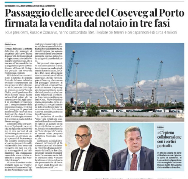 Porto di Monfalcone, firmato il passaggio delle aree Coseveg all’Autorità portuale
